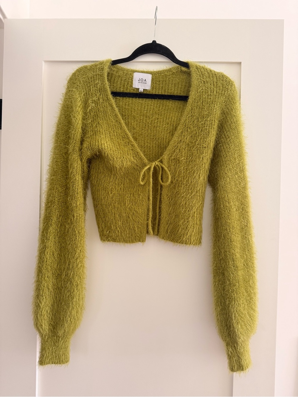 J.O.A. Moss Green Fuzzy Tie-Front Cropped V-Neck Sweater
